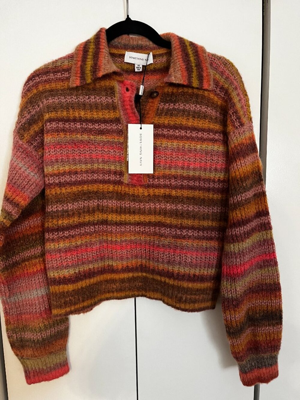 Something Navy Polo Sweater Pink Brown Striped Knit Wool Alpaca Mohair Size XS - Picture 3 of 5